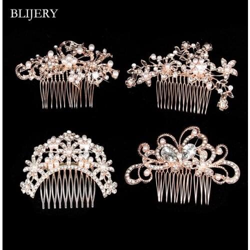 BLIJERY Classic Bridal Hair Accessories Rose Gold Color Pearls Crystal Wedding Hair Combs for Women Hair Jewelry Brides Gifts