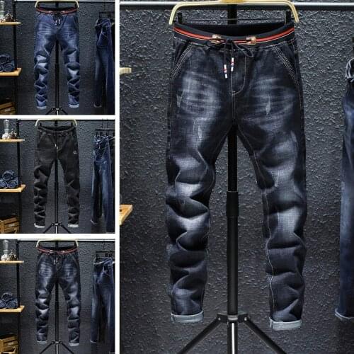 Denim jeans blue ripped jeans mens self-cultivation feet rotten pants Korean fashion trend spirit guy large size