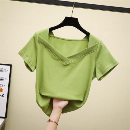V-Neck Short Sleeve T-shirt 2020 Woman Slim Solid Color T Shirt Summer Korean Style Retro Tee Tops For Women 3 Colors NS4574