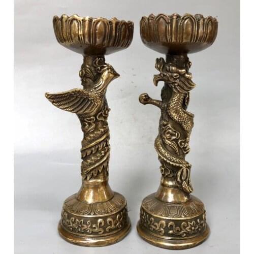 China brass archaize dragon phoenix wax candlestick crafts statue A pair