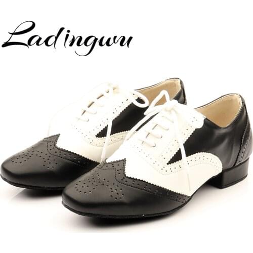 Ladingwu New Modern Mens Boys Ballroom Tango Dance Shoes Genuine Leather Mens Latin dance shoes man heel 2.5-4.5cm