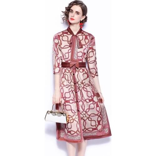 Summer Dresses for Women on Sale New Fashionable Slim Printed Medium Dress Geometric Bow Mid-Calf Satin Dress Dropshipping 2021