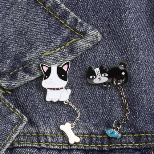 Fashion Cute Pet Cat Dog Animal Pattern Backpack Hat Lapel Pin Brooch Women Jackets Chain Badge Jewelry Couple Accessories Gift