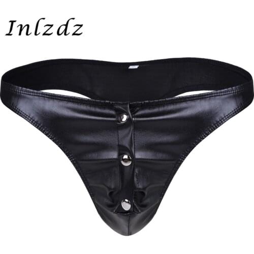Mens Erotic Lingerie Leather Underwear Leather G-String Thong Briefs Hot Sexy Sex Bikini Underwear Underpants with Press Buttons