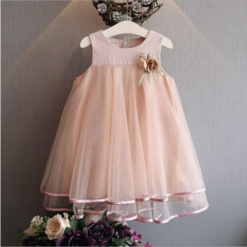 Summer new girls cotton and linen stitching tutu round neck sleeveless vest princess to send brooch