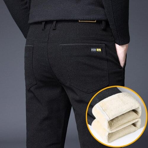 2020 Winter New Mens Warm Casual Pants Classic Style Business Fashion Thicken Slim Fit Fleece Trousers Black Blue Brand Clothes