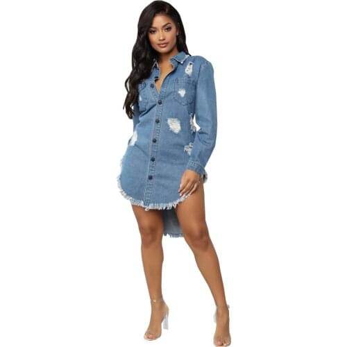 Autumn Casual Fashion Vintage Women Denim Coat Sexy Turn Down Neck Long Sleeve Ribbbed Tassel Shirt Dress Mini Blue Jean Vestido