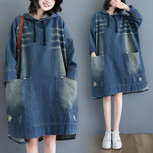 Plus Size Womens Autumn Retro Hole Denim Dress Female Mid-Length Casual Pocket Hooded Dress Vintage Jeans Shirt Tunic Top y1571