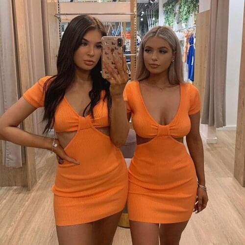 Sexy Knitted Cut Out Dress Bodycon Halter Neck Dress Club Party Beach Strap Rib Ribbed Streetwear Short Sleeve Mini Orange