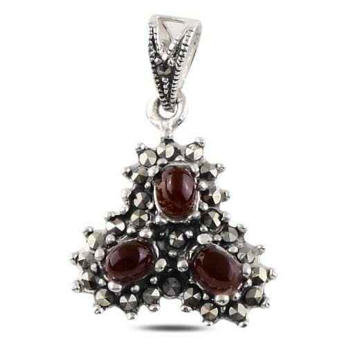 Silver 925 Sterling Red Agate & Marcasite Pendant