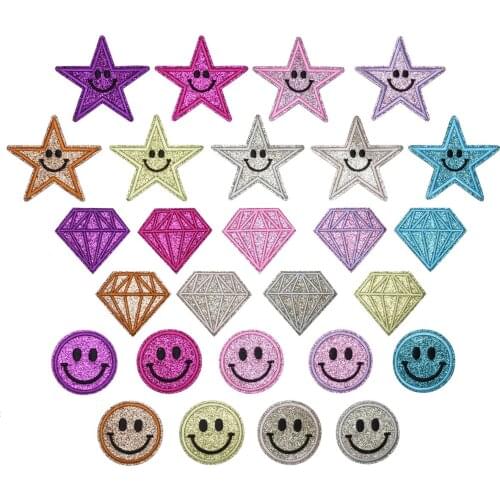 Shiny Embroidery Patches Smiley Thermoadhesive Cloth Stickers Colorful Star Iron on Pentagrams Badge Diamond Appliques Wholesale