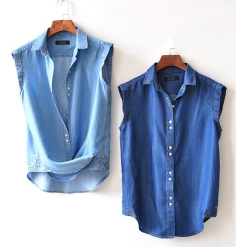 Thin women shirt summer sleeveless denim shirt slim turn-down collar girls shirts high quality female cowboy blue vintage shirts