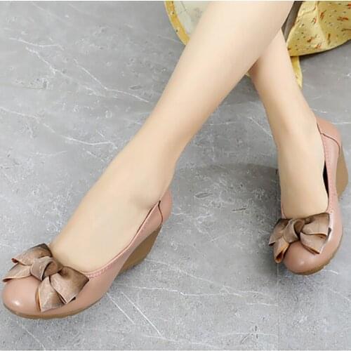 Tilocow Womens Genuine Leather Shallow Pumps Ladies Slip-On Wedges High Heels Shoes For Women Butterfly-knot Round Toe Footwear