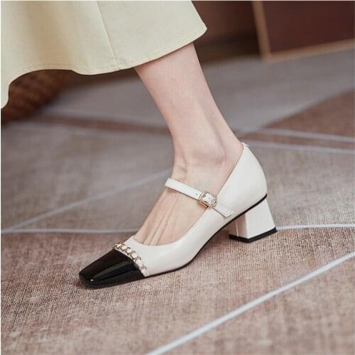 BRC Mary Janes Shoes Women Real Leather Med Heels Block Heel Shoes Chain Square Toe Pumps Buckle Strap Ladies Footwear Beige