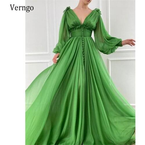 Verngo 2021 Bright Apple Green Silk Chiffon A Line Prom Dresses Puffy Long Sleeves V Neck Buttons Front Empire Evening Gowns
