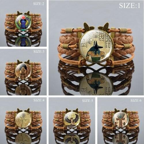 Vintage Bracelet Egyptian Ankh Cross Multilayer Braided Bracelet Anubis Scarab Goddess Glass Dome Brown Leather Bracelet Jewelry