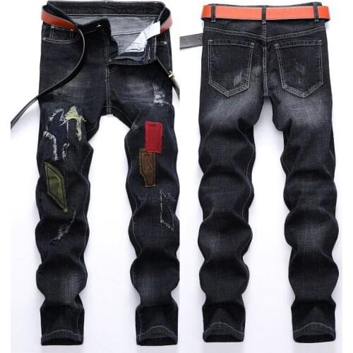 2021 High Quality Men’s Patched Ripped Denim Pants,Stretch Slim-fit Distressed Jeans,Beggar Style Jeans Pants,Youth Fashion Must