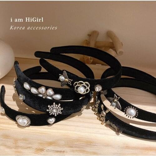 Black Baroque Pearl Handmade Headbands For Women Retro Embroidery Velvet Gem Flower Vintage Hair Accessories Wide Side Hairband