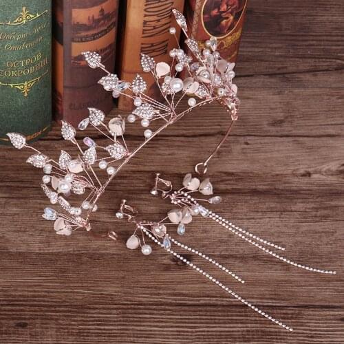 Rose Gold Queen Tiaras And Crowns Pearls Crystal Diadem With Earrings For Women Hair Jewelry Princess Bridal Wedding Accessories
