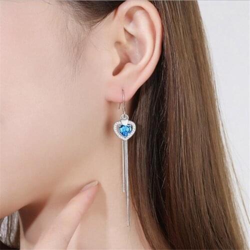 Charm Lady Tassel Long Earrings Silver 925 Girl Jewelry Bright Crystal Heart Drop Earring For Women Princess Engagement Bijou