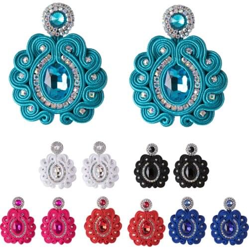 Soutache Handmade Big Drop earrings for women Bright colors Unique Fashion jewelry weave Earring green white pink Christmas gift