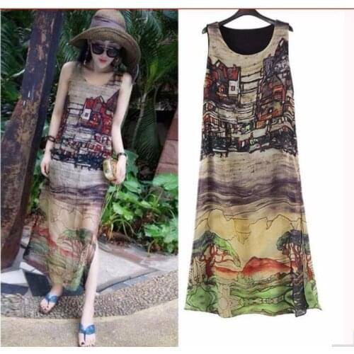 1 piece Boho Maxi oil painting Print Floral Plus Size Long Sleeveless Sundress Vestidos Beachwear Dress Robe