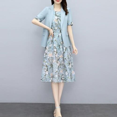 Two Peice Sets For Women Casual Short Sleeve Blazer Coat & Sleevelss Floral Dress Suits Fashion Print Office Summer Set Elegance