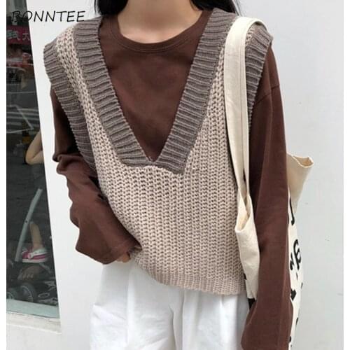Sweater Vest Women Elegant V-neck Chic Fall Spring Korean Fashion Schoolgirls Sleeveless Knitwear Simple Loose Ladies Clothing