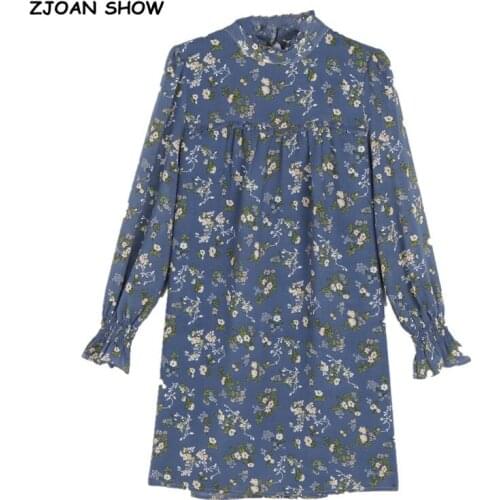 2021 Women BOHO Blue Flower Print Shirt Dress Sexy Ladies Ruffles Collar Long Sleeve Loose Straight Mini Short Dresses