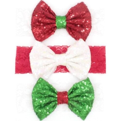 1PC Retail Trendy Christmas 5" Sequins Bow With Lace Infantile Elastic Headband Hot-sale Elastic Kids Girl DIY Hair Accessories