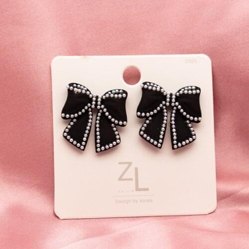 2021 Korean fashion new bow flash diamond inset black / pink S925 silver needle anti-allergy bowknot earrings trendy for girls