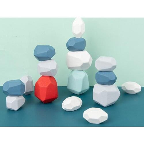5/10/16Pcs Nordic Colorful Wooden Stone Blocks Stacking Game Kid Educational Toy