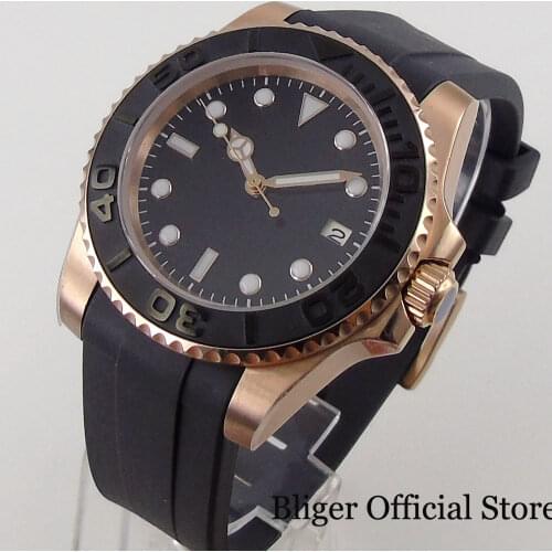 BLIGER Nologo Rose Gold Coated Automatic Men Watch 24 Jewels NH35A Curved End Rubber Strap Black Brushed Insert Luminous Dial