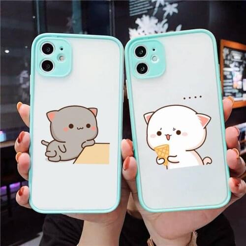 Peach cat Phone Case For iPhone 12 11 Mini Pro XR XS Max 7 8 Plus X Matte transparent blue Back Cover