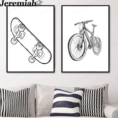 Black and White Skateboard Canvas Painting Abstract Mountain Bike Poster Wall Background Art Nordic Room Home Decoration