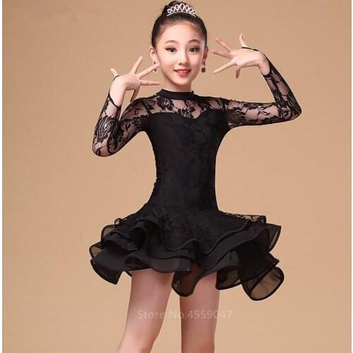 Children Latin Dance Dress Ballroom Baby Girl Tutu Lace Black Red Design Stage Clothing Kids Salsa Samba Dance Costume 120-160CM