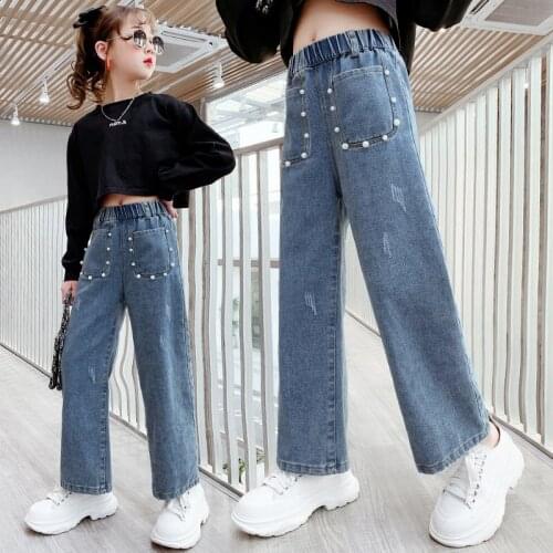 Girls Wide-Legged Jeans Spring And Autumn Children Loose Straight Soft Denim Pants Slim Kids High Waist Pearl Elastic Trousers