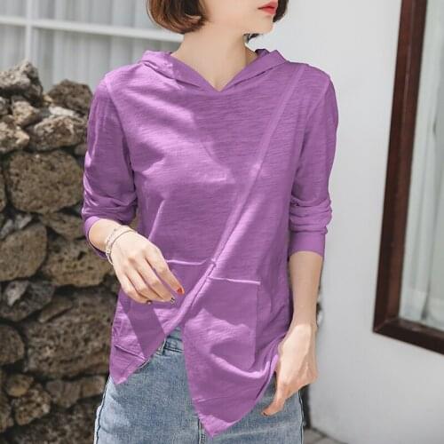 Cotton 100% Solid Women T-Shirts Summer New 2021 Hooded Long-Sleeved Casual All Match Female Pulls Tops Tees