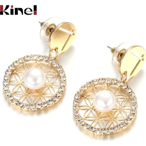 Kinel 2020 Hot Fashion Jewelry Gold Metallic Flower Earrings Hand-Woven Round Freshwater Pearl Earrings For Women Crystal Gift
