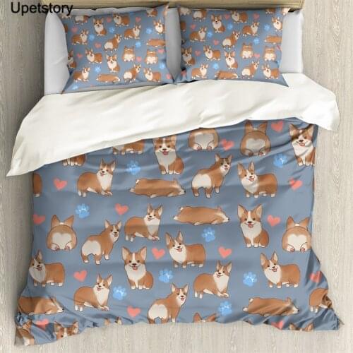 Upetstory Quilt Cover Set for Adult Cute Corgi Printed Duvet Covers with Pillow Case 3pcs Cozy Polyester Bedding King Size