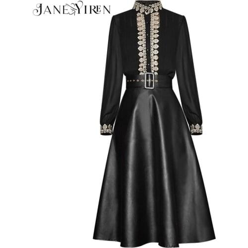 Janeyiren Fashion Designer Set Spring Womens Stand collar Long sleeve Embroidery Ruched Blouses Tops+Pu Skirt Two-piece set