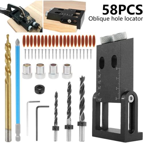 58Pcs Pocket Hole Jig Kit Woodworking Guide Joint Angle Tool Dowel Drill Joinery Screw Kit 15Degree Adjustable Carpentry Locator