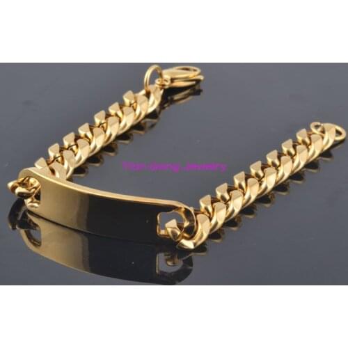 Newest Jewelry Charming Hot Mens ID Bracelet 15mm Stainless Steel Gold Tone Chain Bracelets For Men 8.66" High Quality