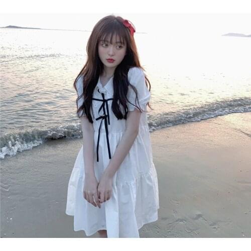 2021summer New Sweet Girl Design Lace Mid-Length Puff Sleeve Short Sleeve Dress sweet lolita kawaii dress lolita dress