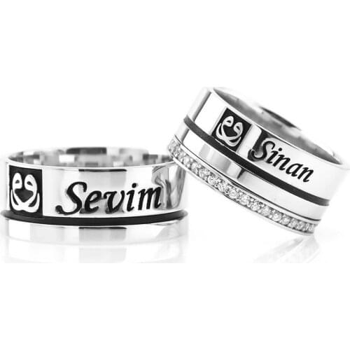 Tesbihane Personalized Name Written Double Vav Design 925 Sterling Silver Couple Wedding Rings