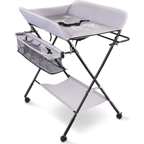 Rolling Baby Changing Table, Adjustable Height Folding Infant Diaper Station, Portable Mobile Nursery Stand with Storage Rack