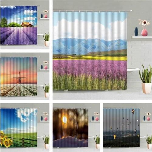 Lavender Scenery Shower Curtain Violet Flower Sea Pastoral Scenic Bathroom Wall Hanging Curtains Accessories Screen Home Decor