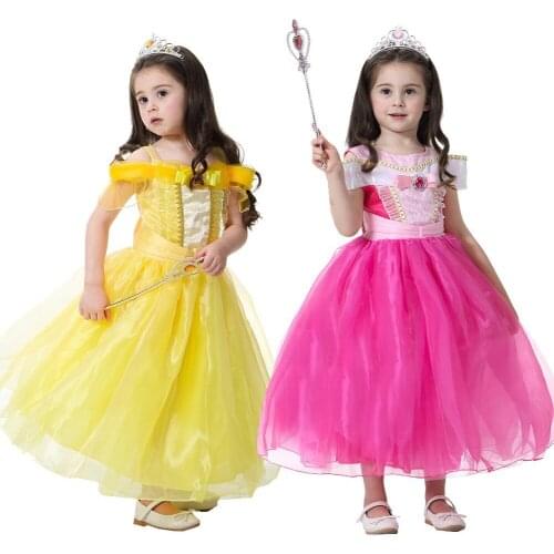 Girls Drop Shoulder Princess Dress Halloween Costume Aurora Dress Up Crown&Wand