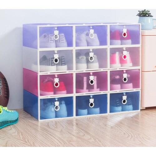 6Pcs/set Bear Pull Ring Transparent Shoes Storage Box Thickened Stackable Shoe Organizer Plastic Drawer Shoebox