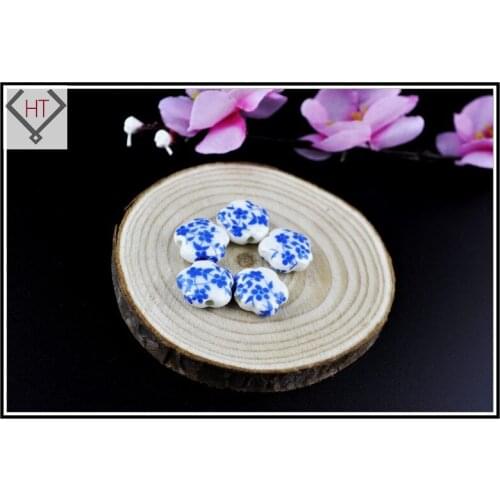 15mm Blue Floweret Printing Beads Porcelain/ Ceramics Spacer Loose Beads Fit European Jewelry Braclet Necklace Charms DIY Making